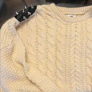 The Ragged Priest Vintage Cable Knit Cream Sweater with Studded Shoulders